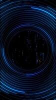 Vertical video - abstract technology background with rotating blue glowing neon circles with dashed lines and flashing amber and blue data lights. Full HD and a seamless loop.