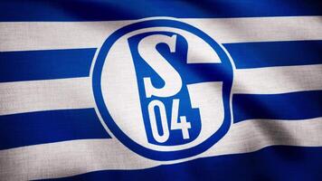 EUA - Novo Iorque, 12 agosto 2018. fc schalke 04 bandeira é acenando em transparente fundo. fechar-se do acenando bandeira com fc schalke 04 futebol clube logotipo, desatado laço. editorial cenas video