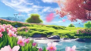 AI generated Beautiful spring nature landscape and cherry blossom tree animated background in Japanese anime style. seamless looping video animated background