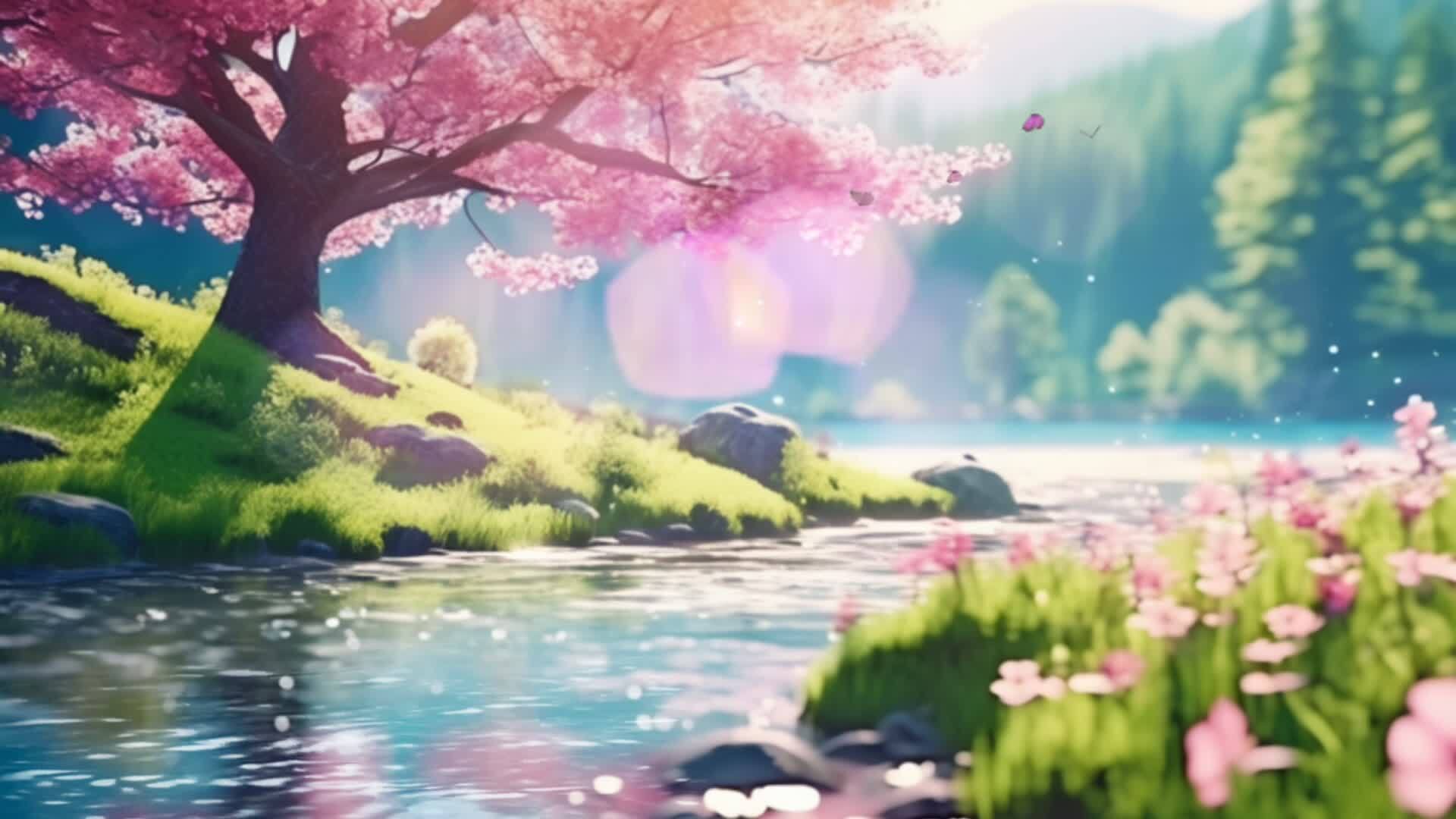 AI generated Beautiful spring nature landscape and cherry blossom tree