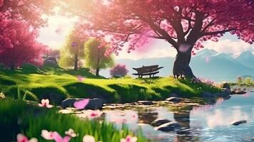 AI generated Beautiful spring nature landscape and cherry blossom tree animated background in Japanese anime style. seamless looping video animated background