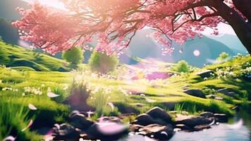 mooi voorjaar natuur landschap en kers bloesem boom geanimeerd achtergrond in Japans anime stijl. naadloos looping video geanimeerd achtergrond