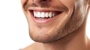 AI generated Young man with beautiful smile on white background. Teeth whitening, dentist advertisement photo