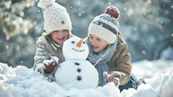 AI generated happy kids making snow ice man with snow, winter weather photo