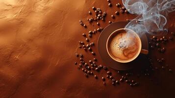 AI generated Cup of coffee with steam isolated on brown background, top view photo