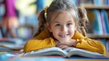 ai generado contento hermosa niña leyendo un libro en colegio biblioteca foto