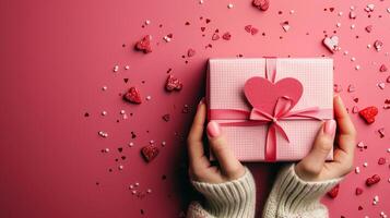 AI generated Close up on female hands holding a gift in a pink heart presents for valentine day, birthday, mother's day. Flat lay Valentines day background, isolated on red background photo