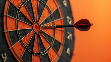 AI generated dart in the center of target panel isolated on orange background, strategy concept photo