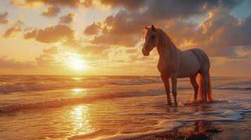 ai generado hermosa caballo en pie por el mar a puesta de sol foto