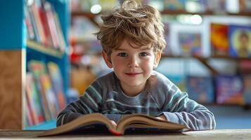 ai generado contento hermosa chico leyendo un libro en colegio biblioteca foto
