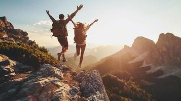 AI generated Happy couple with backpack enjoying life at sunset, Successful hikers jumping on the top of the mountain photo