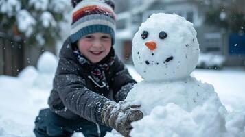 AI generated happy kids making snow ice man with snow, winter weather photo