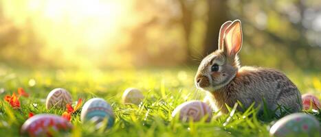 ai generado Pascua de Resurrección conejito con vistoso huevos en el césped. el linda Conejo sentar en el prado con decorado Pascua de Resurrección huevos. primavera religioso fiesta bandera para anuncio con Copiar espacio para texto. foto