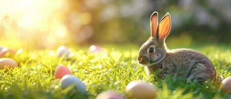 ai generado Pascua de Resurrección conejito con vistoso huevos en el césped. el linda Conejo sentado en el prado con decorado Pascua de Resurrección huevos. primavera religioso fiesta bandera para anuncio con Copiar espacio foto