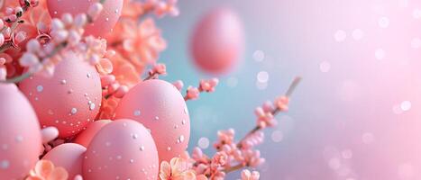 AI generated Easter pink colored eggs with spring blooming flowers background. Futuristic 3D Render Easter Eggs in pink color. Springtime festive holiday banner for ad with copy space for text. Raster photo