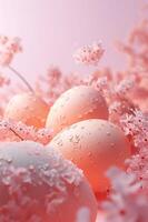 AI generated Easter dreamy Peach Fuzz colored eggs with spring blooming flowers background. Futuristic Easter Eggs poster template. Trendy springtime festive holiday banner with copy space for text. photo