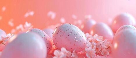 AI generated Easter dreamy colored eggs with spring blooming flowers background. Futuristic 3D Render Easter Eggs in Peach Fuzz color. Springtime festive holiday banner for ad with copy space photo