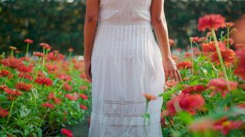 Dames wandelen tussen de bloemen bloeiend in de eindeloos rijst- velden. video