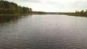 Top view of lake on background of forest shores and village. Stock footage. Beautiful waters of lake reaching village on horizon in summer video