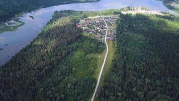 Aerial view of road among the forest and trees. Clip. Overhead aerial top view over straight road in colorful countryside autumn forest. Straight-down above perspective. Road through the green spruce video