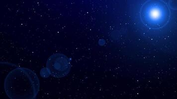 Abstract space background with flying stars particles and optical flares. Flying through another galaxy video