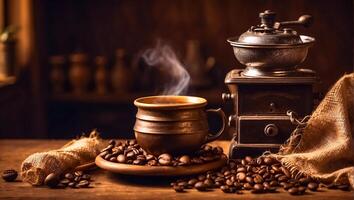 AI generated Cup of coffee, grains vintage background photo