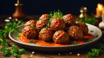 ai generado delicioso apetitoso albóndigas en tomate salsa en el mesa foto