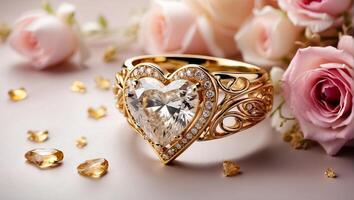 ai generado hermosa oro anillo con diamante en el forma de un corazón, flores foto