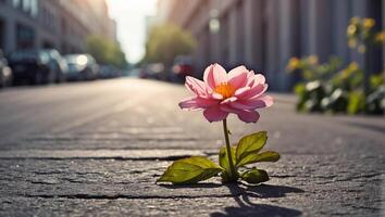 AI generated beautiful lonely flower grows from asphalt photo