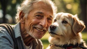ai generado retrato de un mayor hombre con un perro en naturaleza foto
