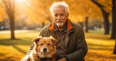 ai generado retrato de un mayor hombre con un perro en naturaleza foto