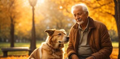 ai generado retrato de un mayor hombre con un perro en naturaleza foto