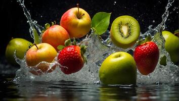 ai generado Fresco maduro Fruta y fresa, agua gotas, chapoteo foto