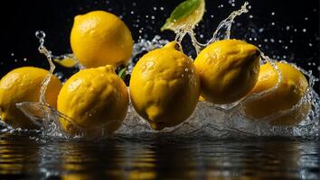 AI generated Fresh ripe lemons, water drops, splash photo