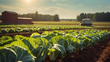 AI generated beds with growing fresh cabbage on a farm photo