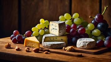 AI generated Various gourmet cheeses, fresh grapes on the table in the kitchen photo