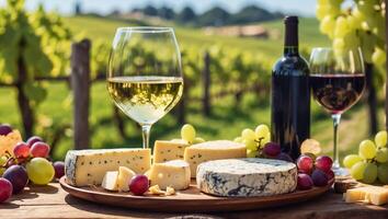 AI generated Various sliced cheeses on plates, fresh grapes, glasses of wine stand on the table against the backdrop of a vineyard photo