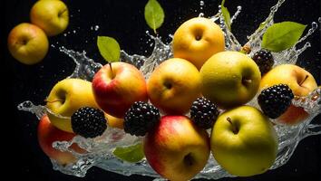 AI generated Fresh ripe fruits and berries, water drops, splash photo