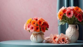 AI generated Beautiful gerbera flowers, gift box on the table photo