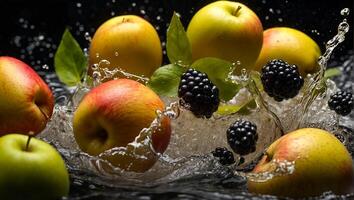 AI generated Fresh ripe fruits and berries, water drops, splash photo