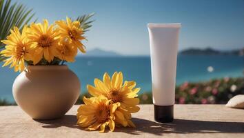 AI generated Sunscreen, flower on sea background photo