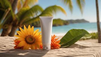 AI generated Sunscreen, flower on sea background photo