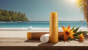 AI generated Sunscreen, flower on sea background photo