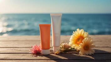 AI generated Sunscreen, flower on sea background photo