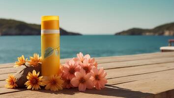 AI generated Sunscreen, flower on sea background photo