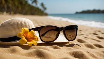 ai generado sombrero, Gafas de sol en el antecedentes de el mar foto