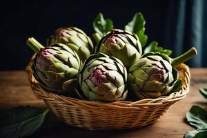 AI generated Fresh whole artichokes in a basket in the kitchen photo