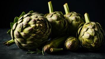 AI generated Group of fresh whole artichokes photo