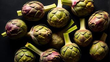 AI generated Group of fresh whole artichokes photo