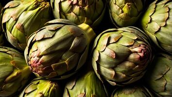 AI generated Group of fresh whole artichokes photo